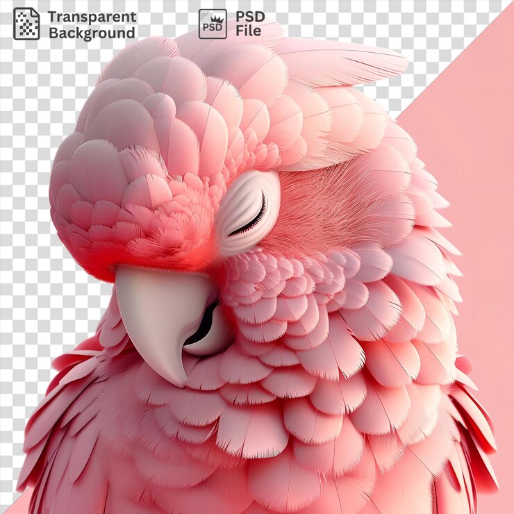 PSD fondo transparente galah de dibujos animados 3d arreglando sus plumas con una pluma rosada y un pico blanco