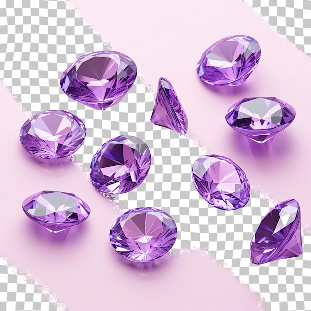 Fondo transparente con gemas moradas talladas en diamantes.