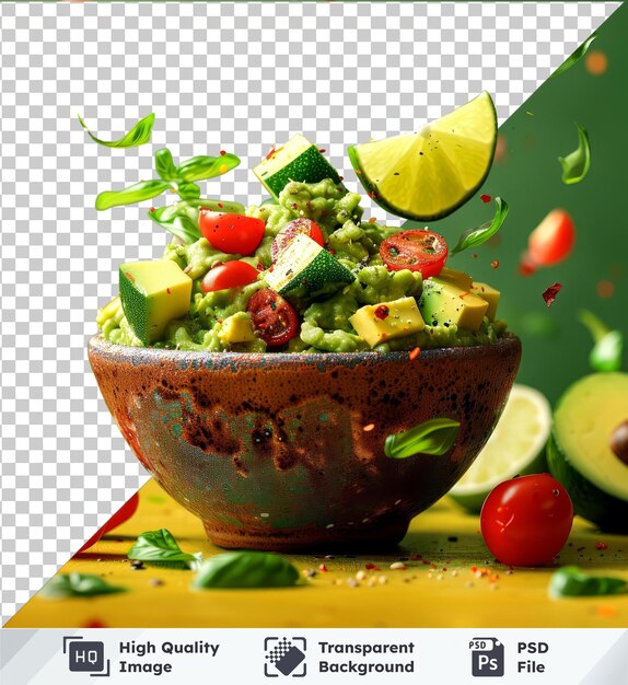 PSD fondo transparente con guacamole aislado cuenco con ingredientes voladores aguacate limón onitomato