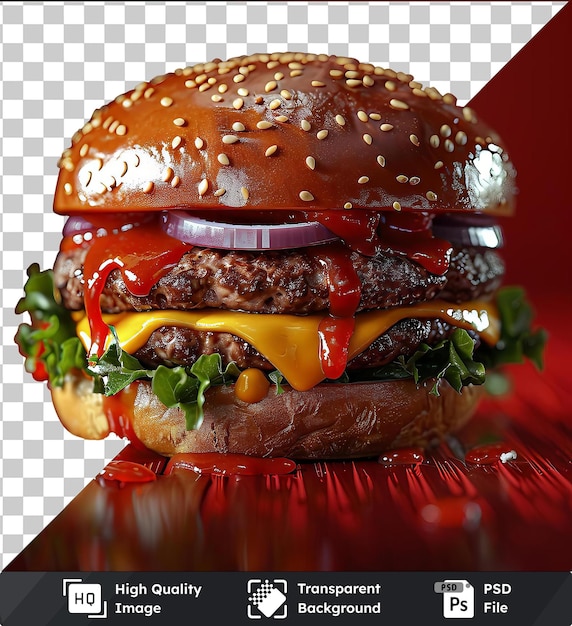 Fondo transparente con hamburguesa de queso aislada y ketchup en un pan marrón cubierto de cebollas rojas y púrpuras colocadas en una mesa roja