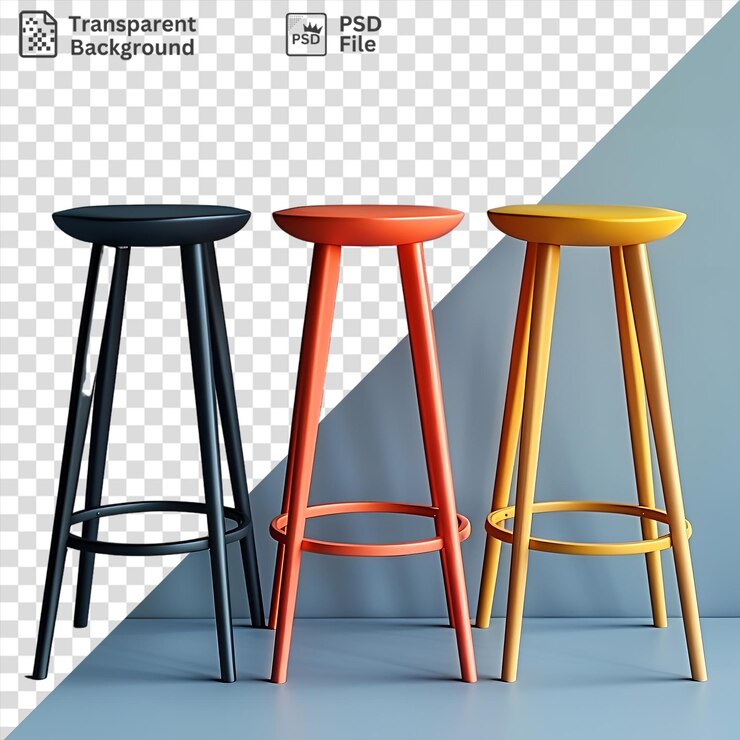 PSD fondo transparente con heces de cocina aisladas y heces de bar, incluidos un heces negro, un heces de madera y un heces rojo colocados contra una pared azul y un suelo blanco y azul