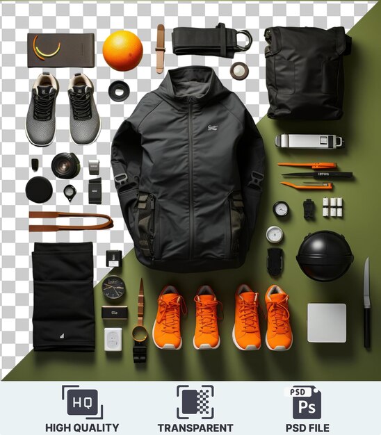 Fondo transparente con herramientas de entrenamiento deportivo profesional aisladas conjunto de una chaqueta negra zapato naranja plata y negro reloj y pelota naranja