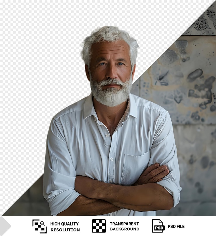 PSD fondo transparente con hombre de negocios aislado con barba gris y cabello con una camisa blanca de pie frente a una pared con un brazo peludo y la mano visible en primer plano png psd