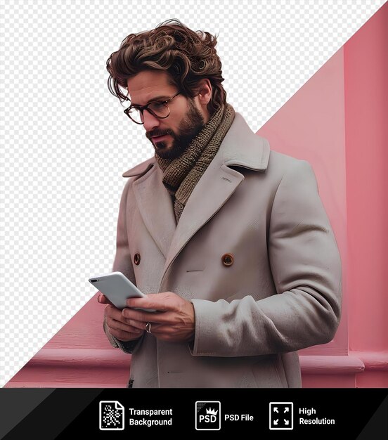 Fondo transparente hombre de negocios serio centrado en la lectura de un correo electrónico afuera usando gafas negras y cabello marrón con una pared rosada en el fondo y un botón marrón visible en su camisa png psd