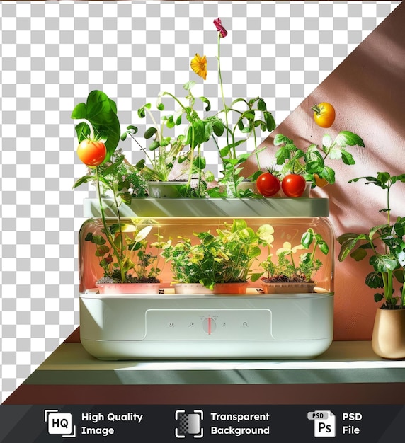 PSD fondo transparente con jardín hidropónico interior aislado con una variedad de flores y plantas de colores, incluidas las flores amarillas rojas y rosadas, una planta en maceta y una hoja verde