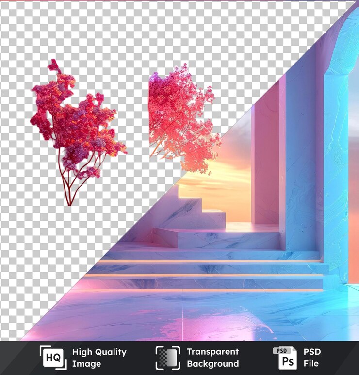 PSD fondo transparente con jarrones aislados y un árbol rojo contra un cielo azul