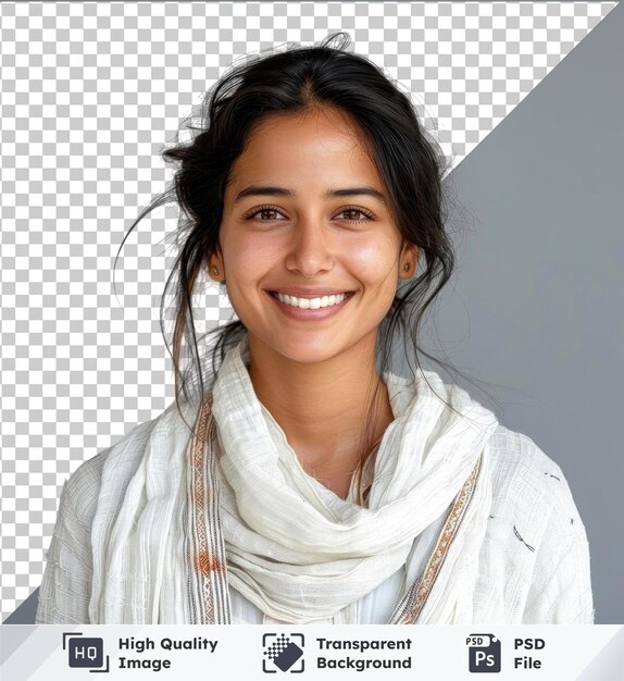 PSD fondo transparente joven india sonriendo con bufanda blanca con ojos y cabello marrones