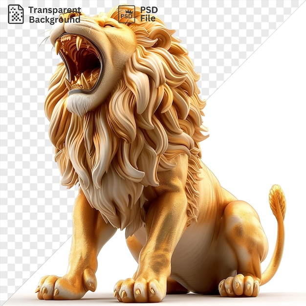 fondo transparente león animado en 3D rugiendo majestuosamente con la boca abierta mostrando sus poderosas patas y cola