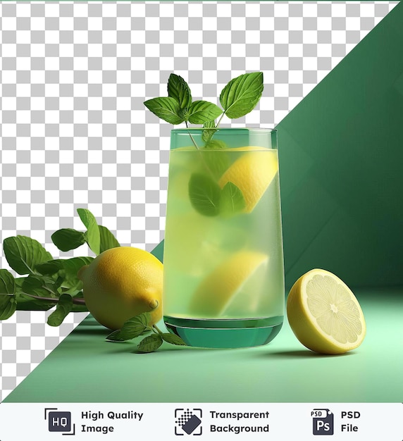 PSD fondo transparente con limonada de albahaca refrescante aislada en un vaso