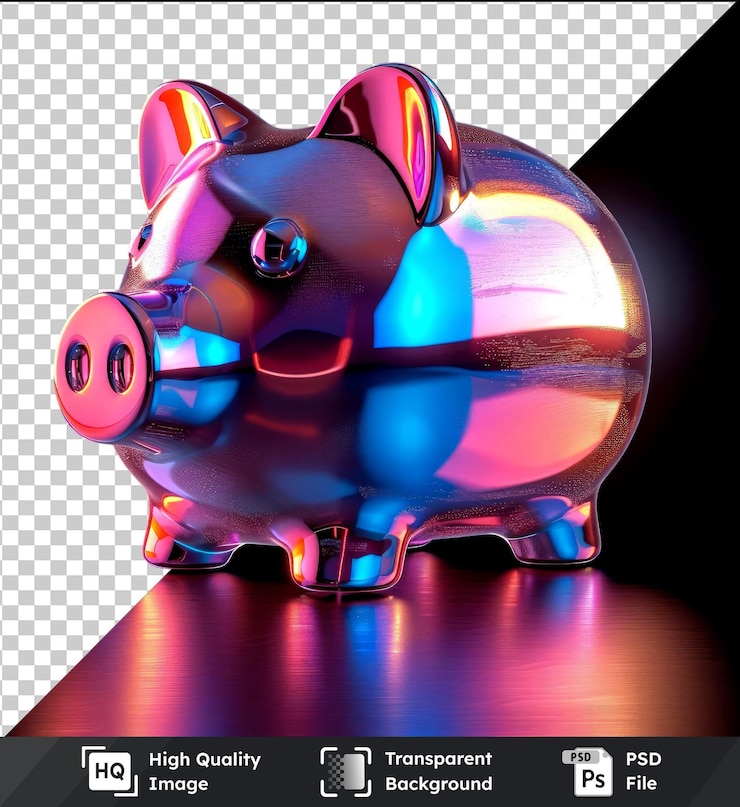 PSD fondo transparente con maqueta aislada de la alcancía en una mesa brillante con un globo azul