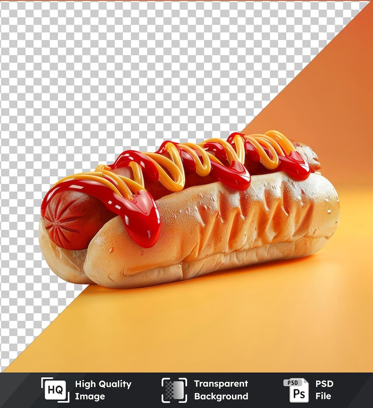 PSD fondo transparente con maqueta de perrito caliente aislado con mayonesa y ketchup en una mesa amarilla