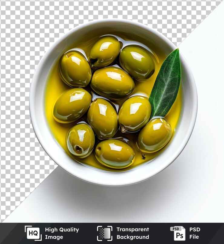 PSD fondo transparente maqueta psd de aceitunas verdes en aceite de oliva con hojas vista superior