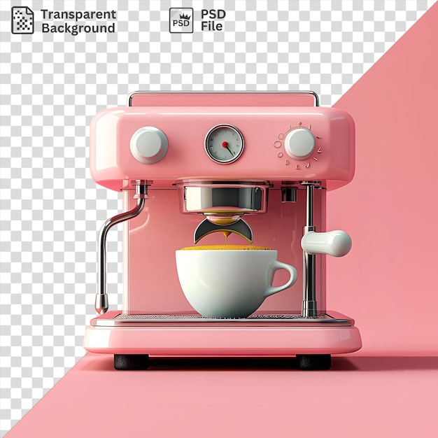 Fondo transparente máquina de espresso y taza de café en un fondo rosado