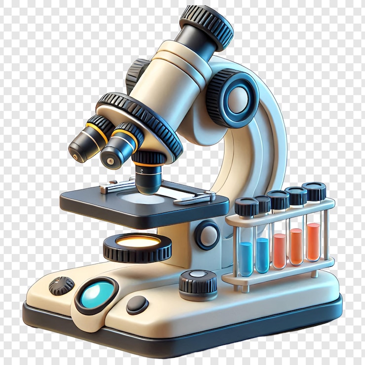 PSD el fondo transparente del microscopio 3d de dibujos animados