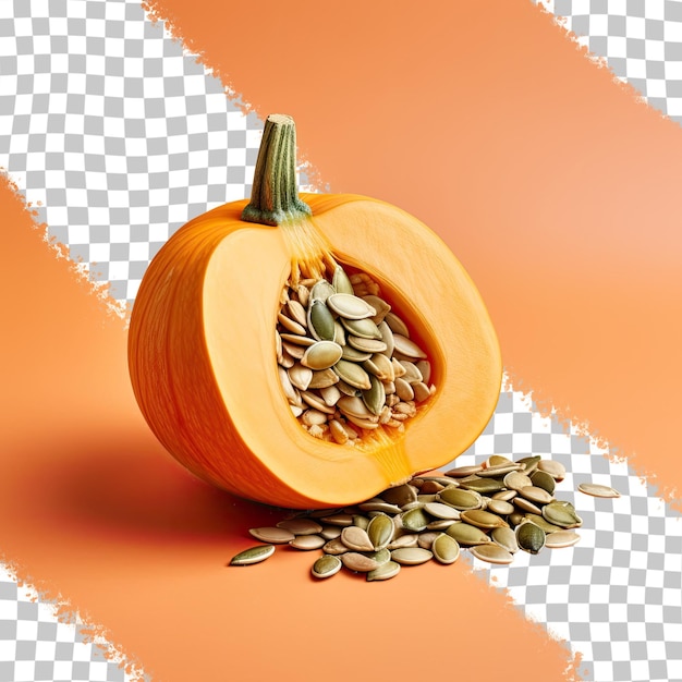 PSD un fondo transparente con una mitad de calabaza que contiene semillas aisladas