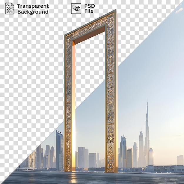 PSD fondo transparente modelo 3d del marco de dubai con un paisaje urbano altísimo contra un cielo azul claro