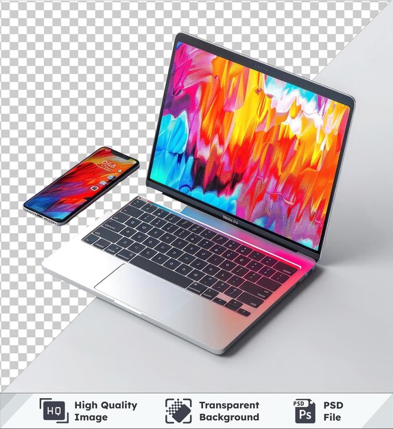 PSD fondo transparente con modelo de dispositivo portátil y teléfono inteligente aislado con un teclado plateado y negro y una pantalla en pantalla