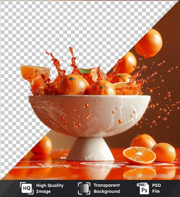 PSD fondo transparente modelo psd de mandarinas que caen en un cuenco un podio de naranjas