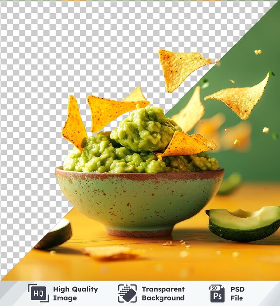 PSD fondo transparente modelo psd de nachos cayendo un cuenco con guacamole