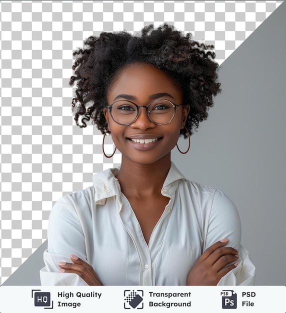 Fondo transparente con mujer emprendedora aislada afro chica de negocios sonriendo a la cámara cruzando las manos copia el espacio aislado en fondo aislado