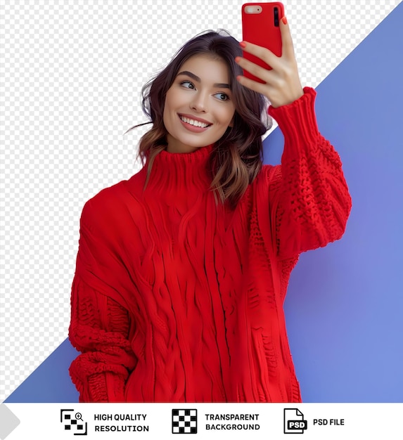 PSD fondo transparente mujer con suéter rojo sobre pared azul haciendo una selfie png psd