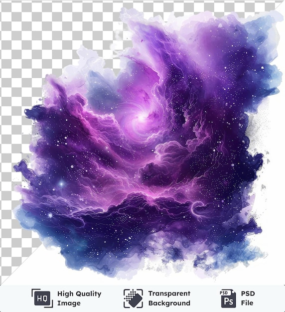 PSD fondo transparente con nebulosa aislada símbolo vectorial de nube interestelar espacio púrpura y blanco con estrellas en el fondo