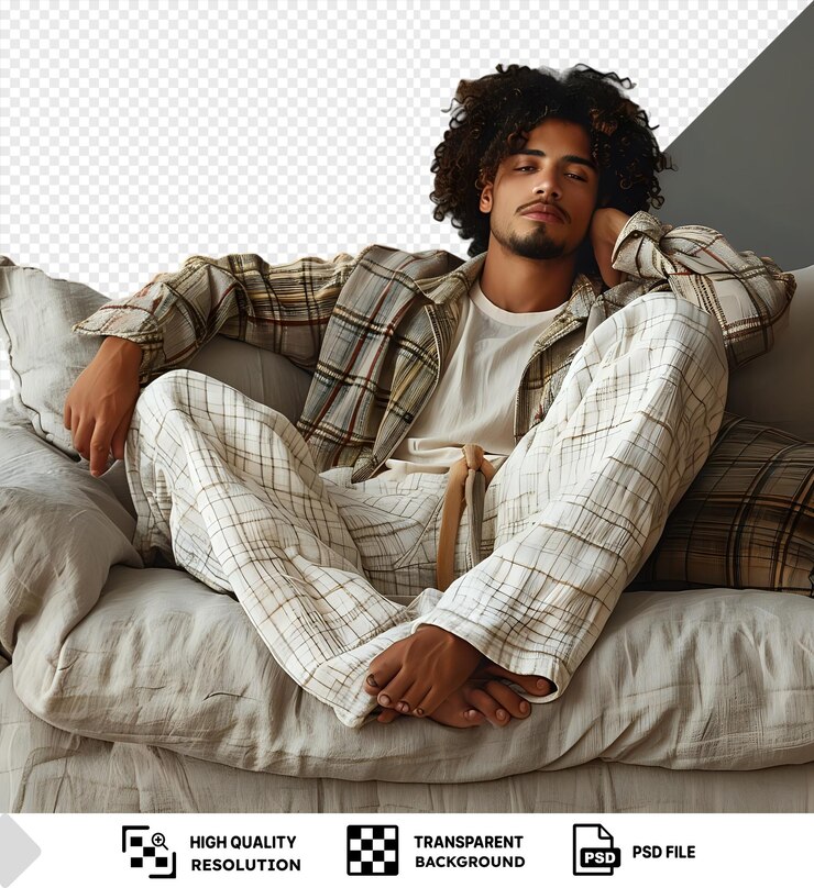 PSD fondo transparente ocio joven de pelo rizado de piel oscura descansando en casa en un sofá con una pared blanca y gris en el fondo lleva una camisa blanca y tiene el cabello rizado mientras png psd
