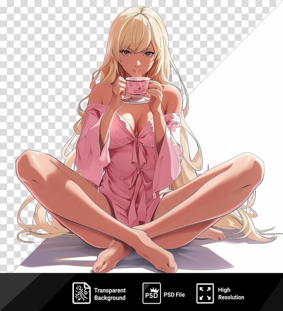 Fondo transparente oshino shinobu de la serie de anime monogatari chica con cabello rubio largo sosteniendo una taza rosada con una pierna doblada y la mano visible en primer plano png