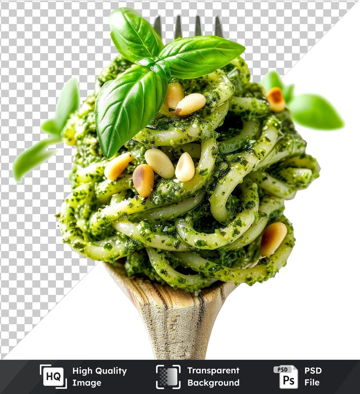 PSD fondo transparente con pasta de pesto aislada con nueces de pino y cuchara
