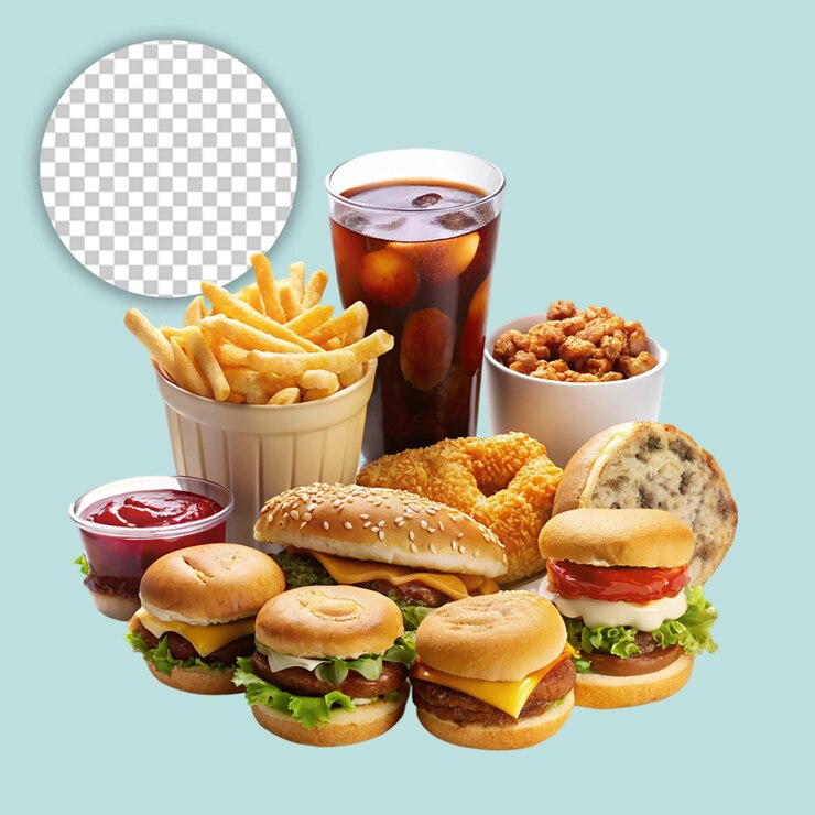 PSD en fondo transparente patatas fritas y hamburguesa en comida rápida