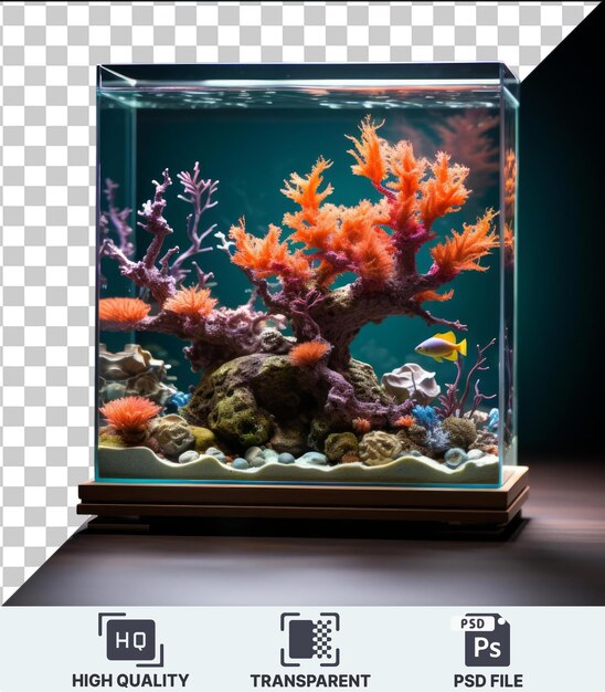 PSD un fondo transparente con peces exóticos aislados y un acuario de arrecife establece una mesa de madera adornada con una flor de naranja