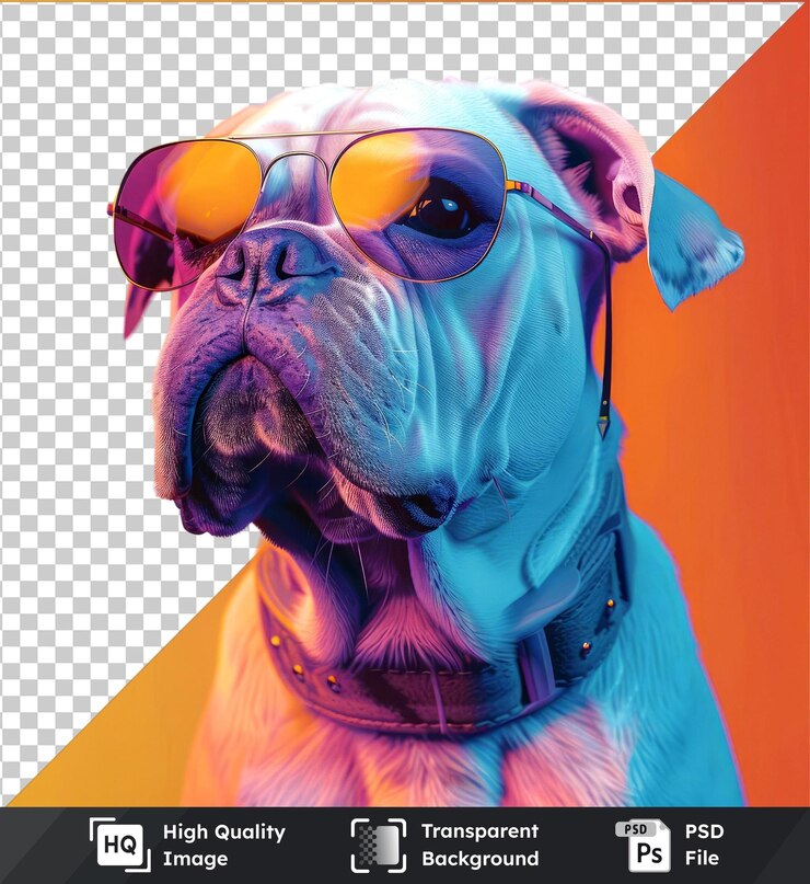 PSD fondo transparente con perro bulldog aislado con gafas de sol en un fondo amarillo
