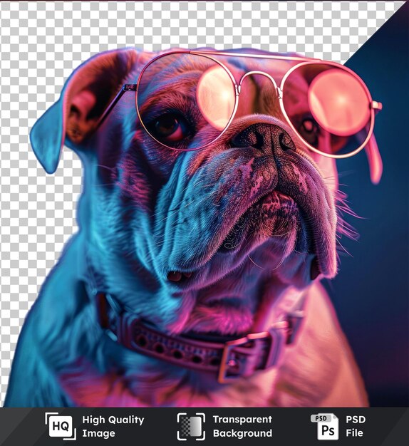 PSD fondo transparente con un perro bulldog aislado con gafas de sol oreja azul ojo marrón negro