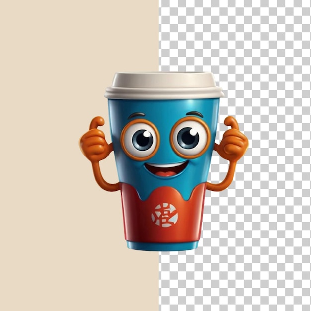 PSD fondo transparente con personaje de taza de café de dibujos animados