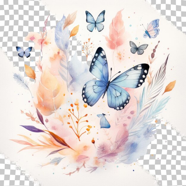 PSD fondo transparente con plumas de acuarela y mariposas