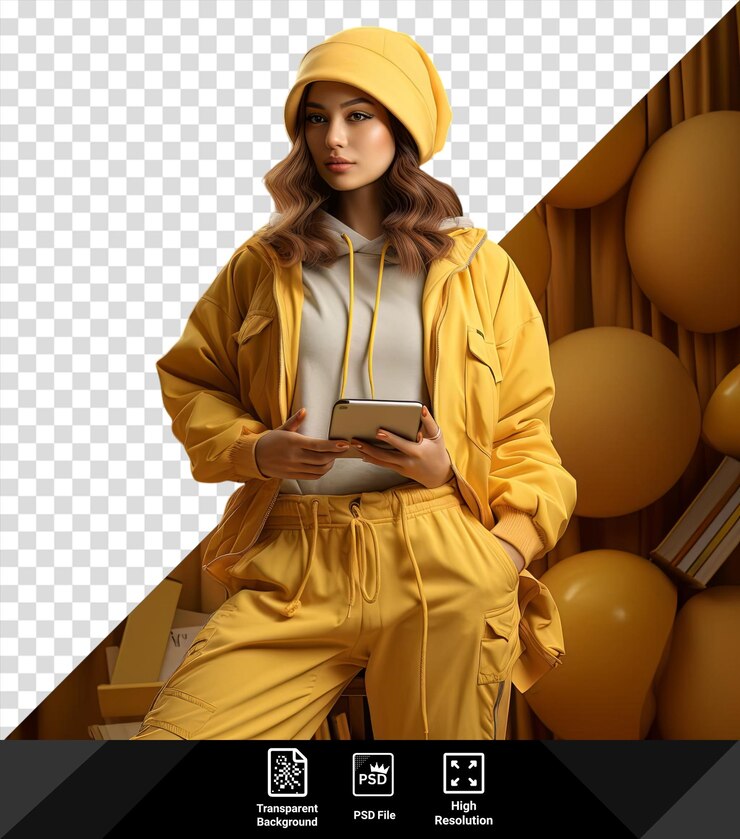 PSD fondo transparente png de una mujer de cabello marrón con un sombrero y pantalones amarillos sosteniendo un globo amarillo con una mano visible en primer plano