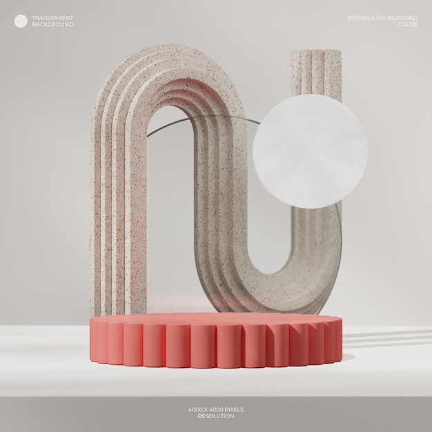 Fondo transparente de podio de cilindro rojo en círculo de vidrio cuadrado y representación de imagen en 3D de arco