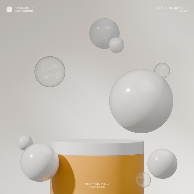 fondo transparente de podio curvo blanco y amarillo en esfera flotante cuadrada renderización de imagen 3D