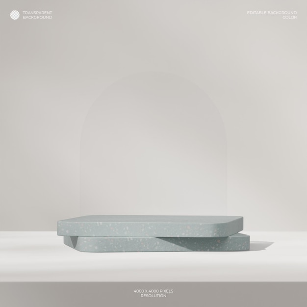 fondo transparente de podio de terrazo verde en arco de vidrio cuadrado telón de fondo renderización 3d