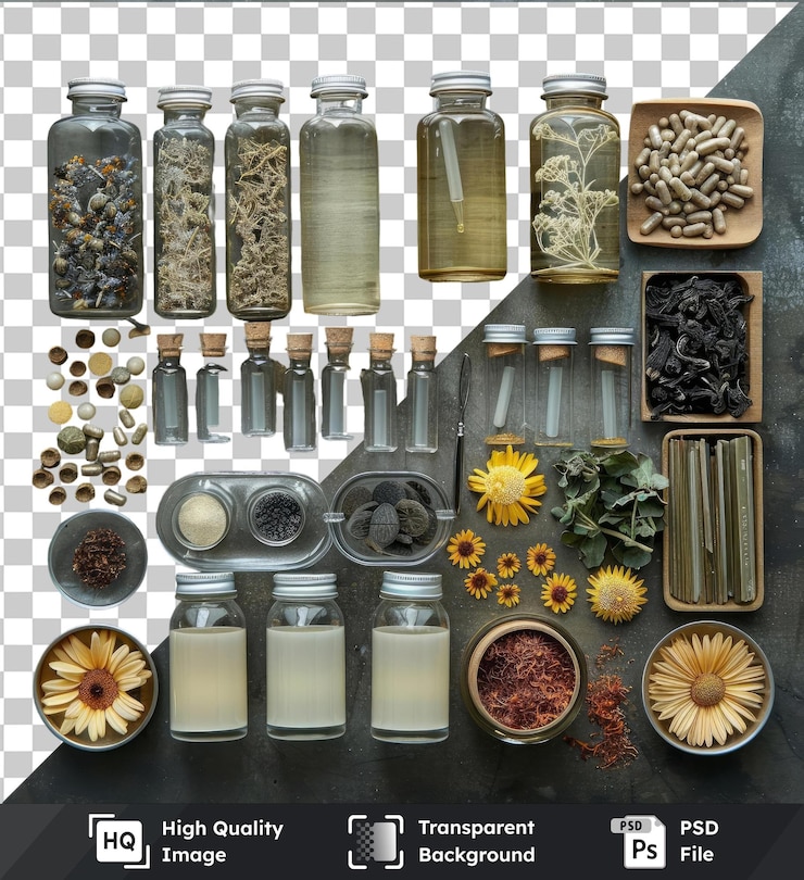 PSD fondo transparente con preparación de hierbas medicinales aisladas con un frasco de vidrio transparente botella de vidrio de girasol amarillo y pequeño cuenco blanco
