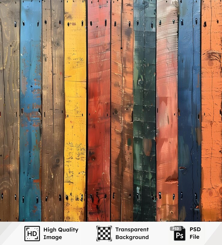 PSD fondo transparente de primera calidad tablas de madera multicolores vibrantes exhibidas verticalmente creando un