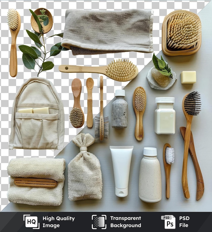 PSD fondo transparente con productos reutilizables ecológicos aislados colocados sobre un fondo transparente con una cuchara marrón y de madera una botella blanca y una cuchara de madera