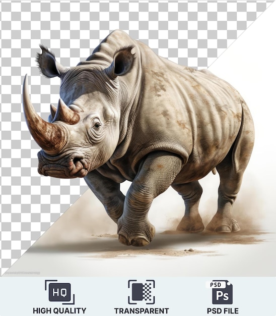 PSD fondo transparente psd 3d animado rinoceronte cargando con un cuerno un primer plano de la cabeza y las piernas de un rinocerontes con una sombra oscura en primer plano