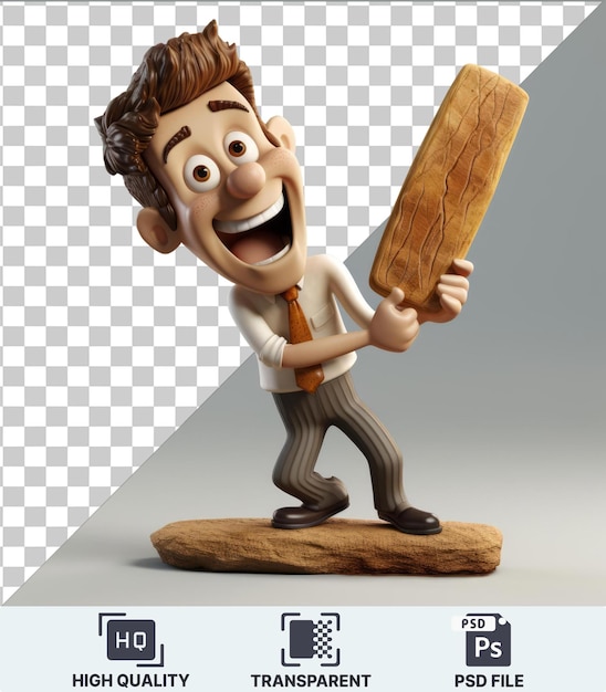 Fondo transparente psd 3d animado whittler sosteniendo un pedazo de madera