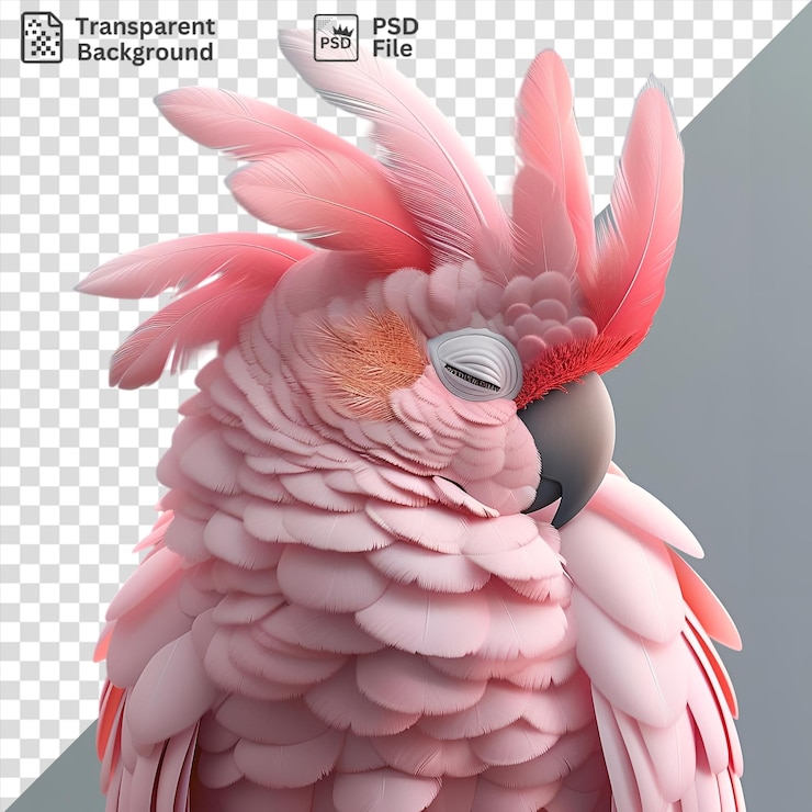 PSD fondo transparente psd 3d dibujos animados galah limpiando sus plumas con una pluma rosada y un pico gris y negro