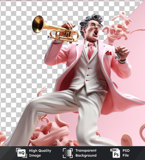 Fondo transparente psd 3d músico de dibujos animados tocando un animado solo de trompeta