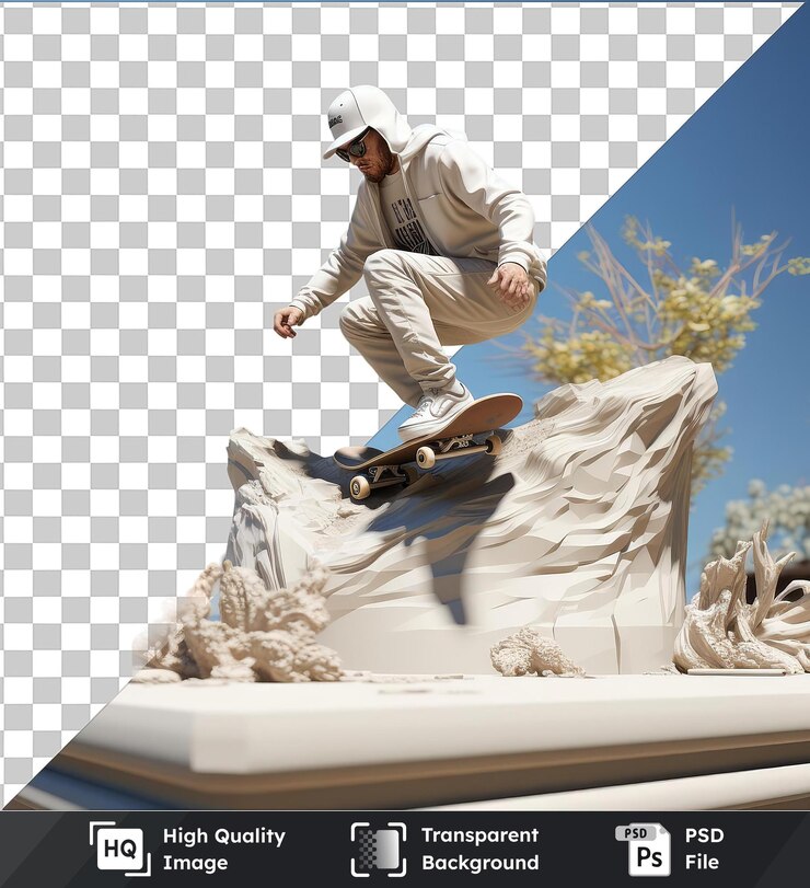 PSD fondo transparente psd 3d patinador de dibujos animados ejecutando trucos que desafían la gravedad un patinador realiza un truco contra un cielo azul claro con un árbol verde en el fondo y un