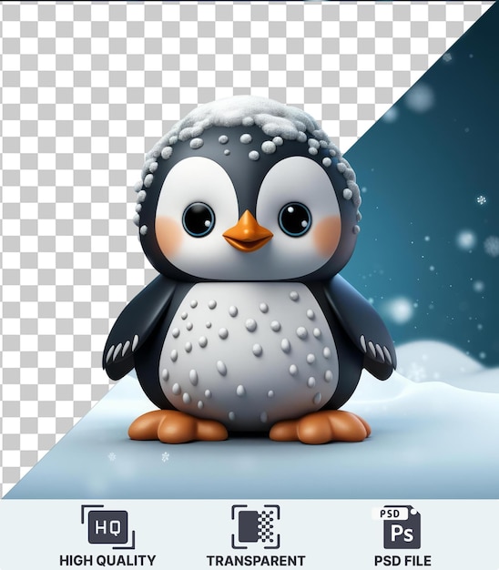 PSD fondo transparente psd 3d pingüino animado deslizándose con un copo de nieve