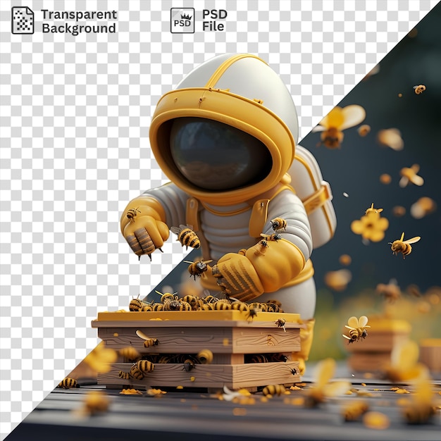 PSD fondo transparente psd apicultor 3d que cuida de las colmenas en un campo
