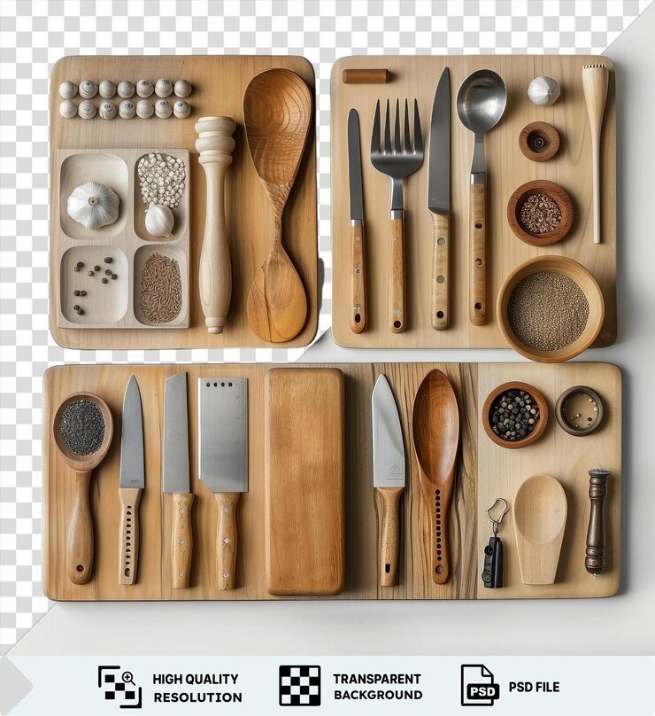 PSD fondo transparente psd artes culinarias profesionales y herramientas de chefs colocadas en una tabla de corte de madera